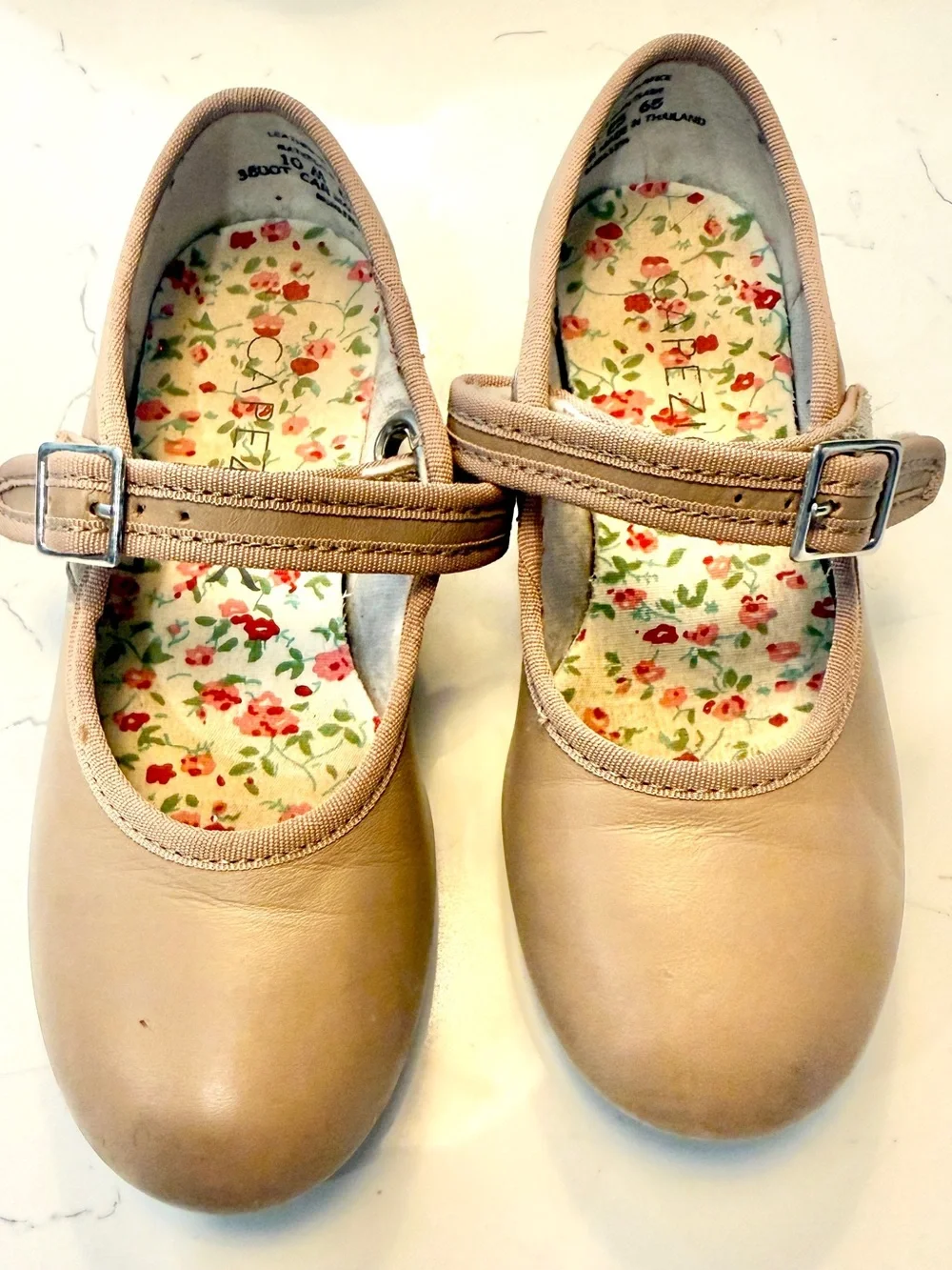 Capezio Girls Taupe Mary Jane Shoes with Floral Insole